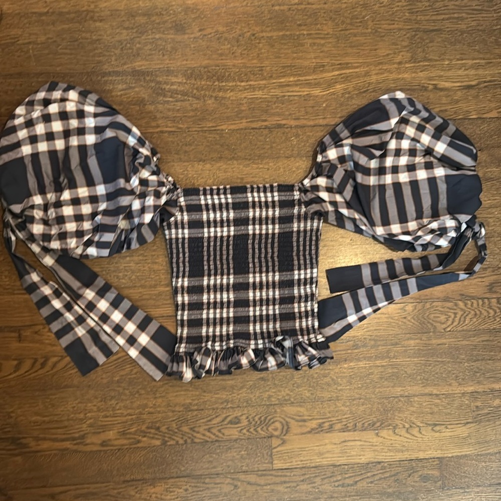 Caroline Constas Navy and White Plaid Puff-Sleeve Crop Top